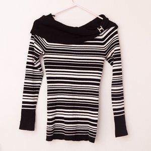 EUC - Medium Off-Shoulder B&W Striped Sweater